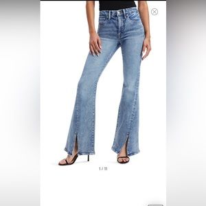 Good Legs Twisted Slit High Waist Flare Jeans- darker blue